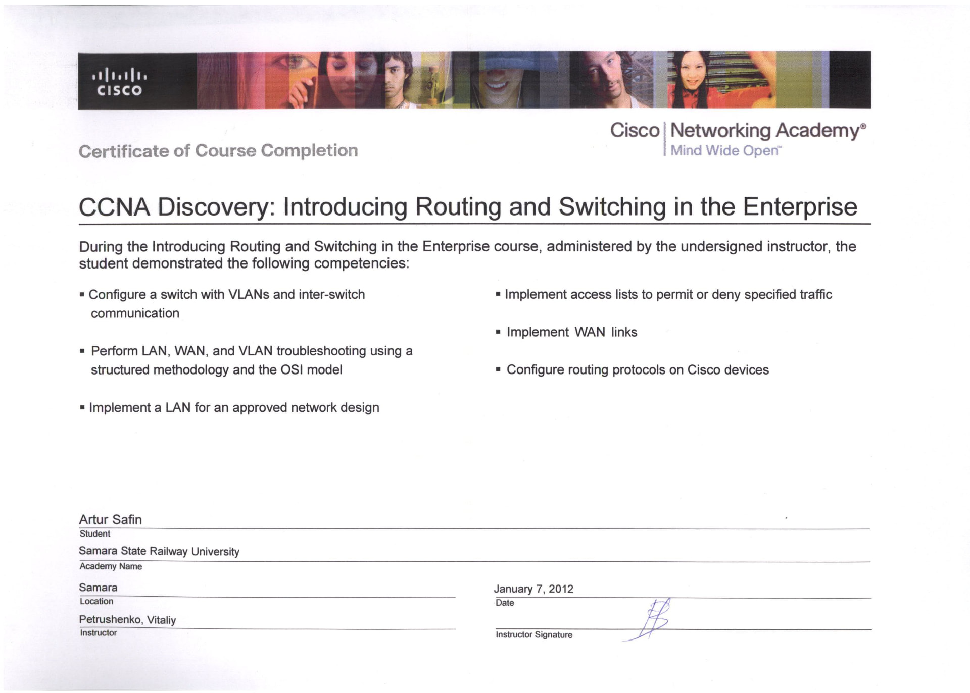 Сертификат Cisco Networking Academy — CCNA Discovery: Introducing Routing and Switching in the Enterprise